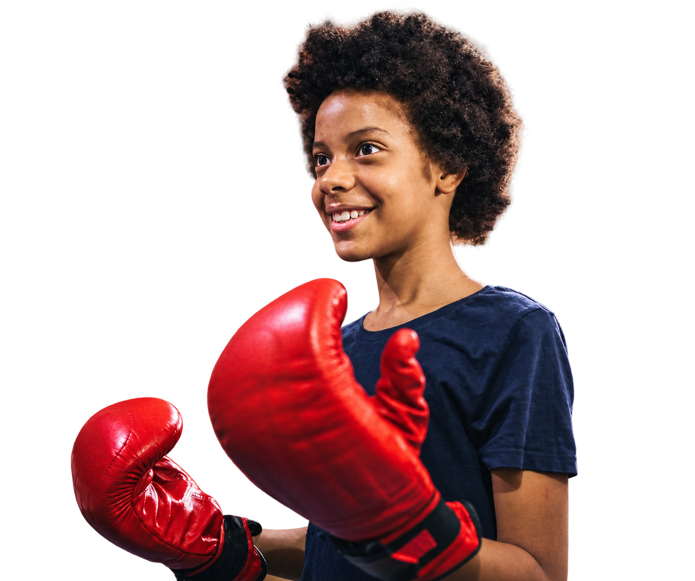 Smiling young person wearing red boxing gloves